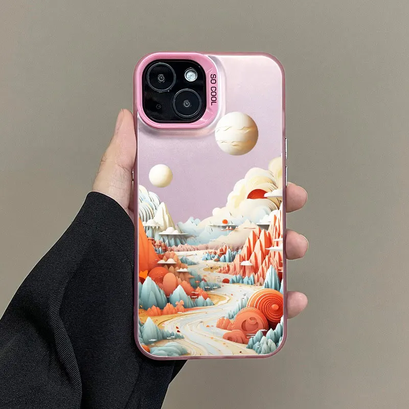 Creative Mountains Landscape Scenery Pink Shockproof Laser Phone Case