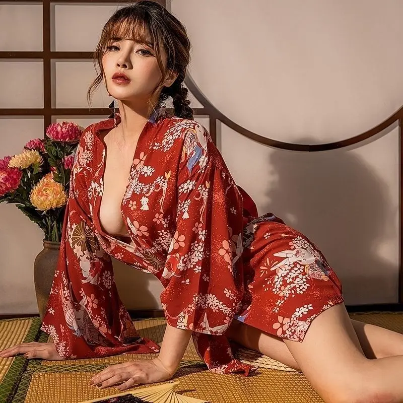 Kimono Pajamas for Women Sexy Japanese Costumes Tempting Sleepwear Bath Robe Anime Cosplay Performance Lingerie Haori Homewear