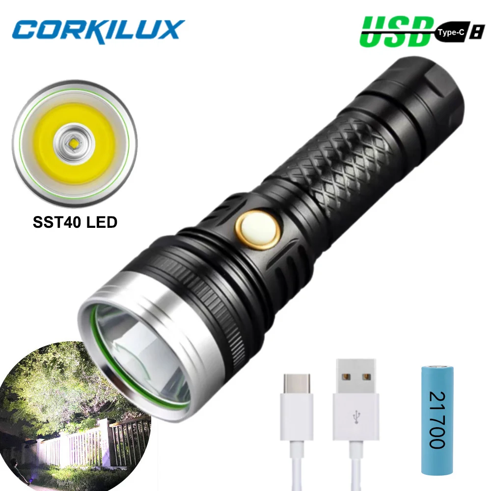 CORKILUX SST40 EDC LED Flashlight Type-C USB Rechargeable Powerful Thrower Search 21700 Battery Torch Spotlight Outdoor Lantern