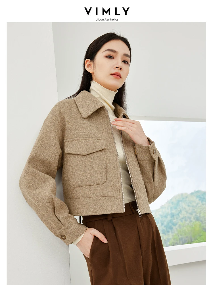 Vimly Lapel Zipper Wool Coat for Women Quilted Thick Cropped Jacket 2023 Winter Office Lady Long Sleeve Overcoat Female M5187 vimly vintage plaid wool blend coat women 2023 winter office lady double breasted tailored blazer thick warm woolen jacket 50723