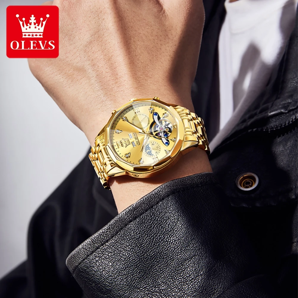 OLEVS 6621 Man Automatic Watch Rhombus Mirror Hollow Skeleton Mechanical Watch For Men Steel Strap Moon Phase Luxury Wristwatch