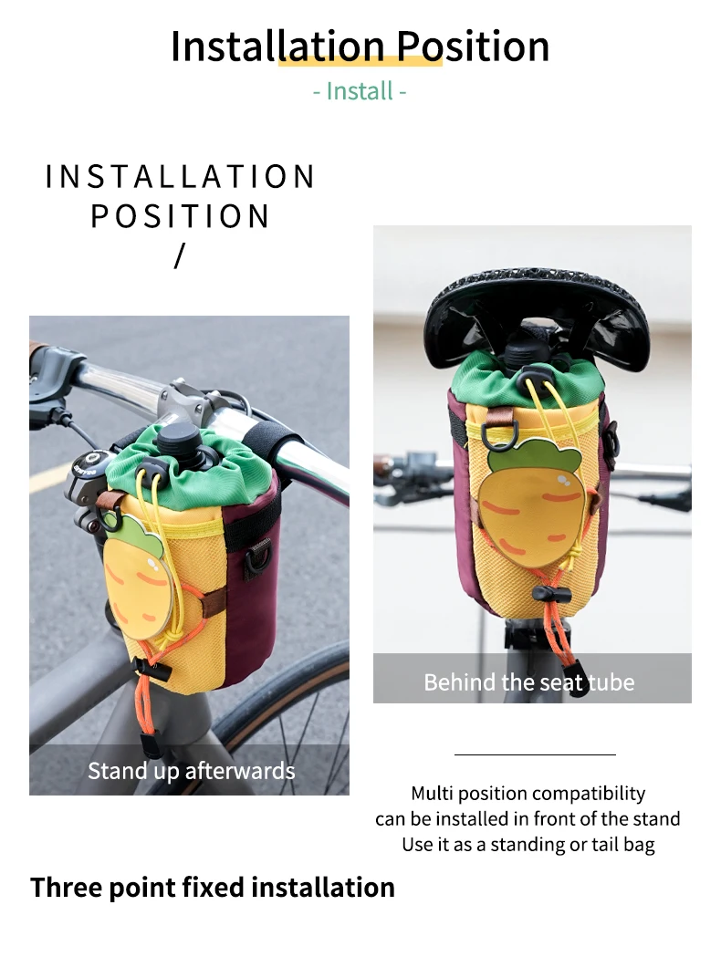 Fahrrad-Lenkertasche mit Flaschenhalter, Trinkbecherhalter mit Kordelzug, Niedliche Fahrradtasche – Detail 6