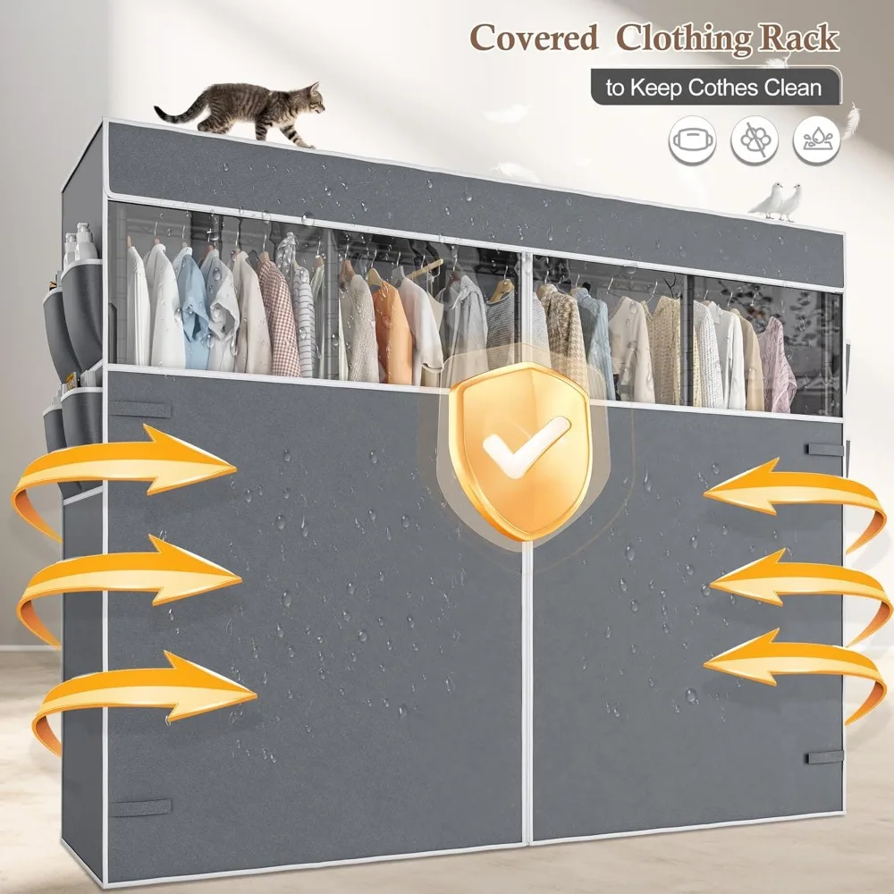 Clothes Rack with Cover, Metal Heavy Duty Clothing Rack for Hanging Clothes, Adjustable Wardrobe Closet Loads 1100 LBS 5