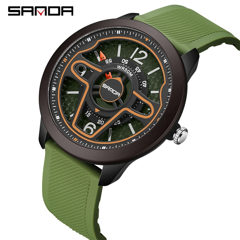 

SANDA Business Men Wrist Watch Quartz Movement 50M Waterproof Unique Design Rotating Dial Soft Silicone Strap Date Sports Watch