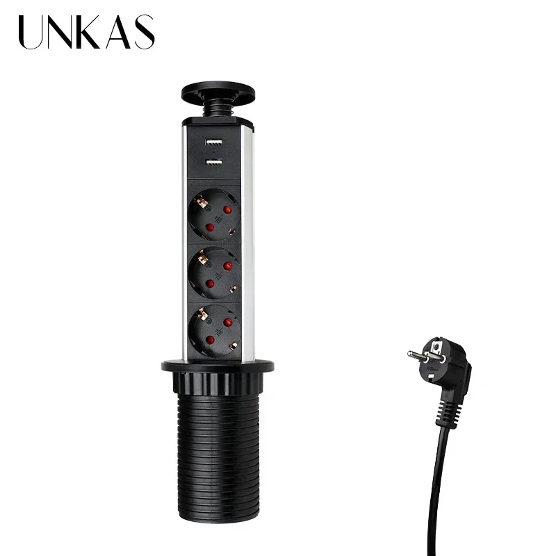 Enhanced Product Title:   
Sleek Black Pop-Up Power Socket with 3 EU Outlets for Kitchen and Desktop Countertops