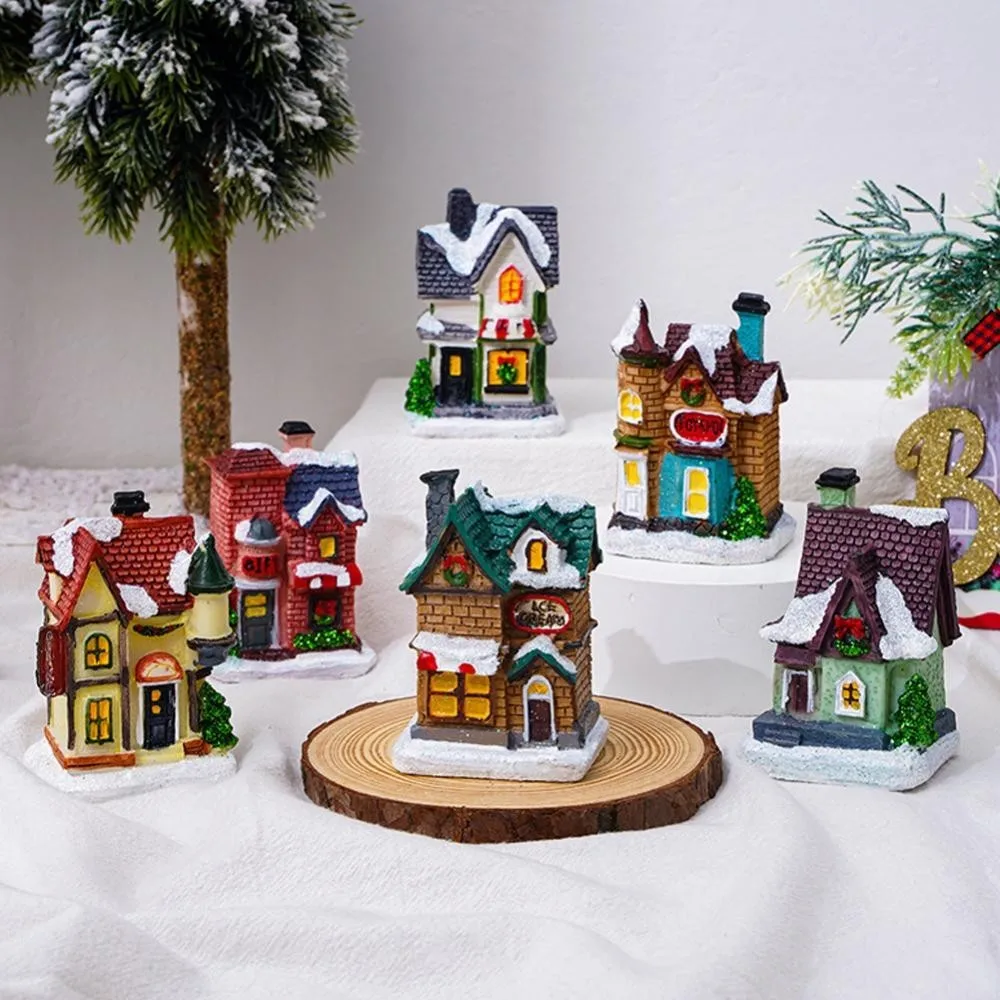 Christmas LED Light Ornaments Resin Mini House Miniature Village Building Xmas Glow Decor Gift Christmas Decoration Navidad Noel