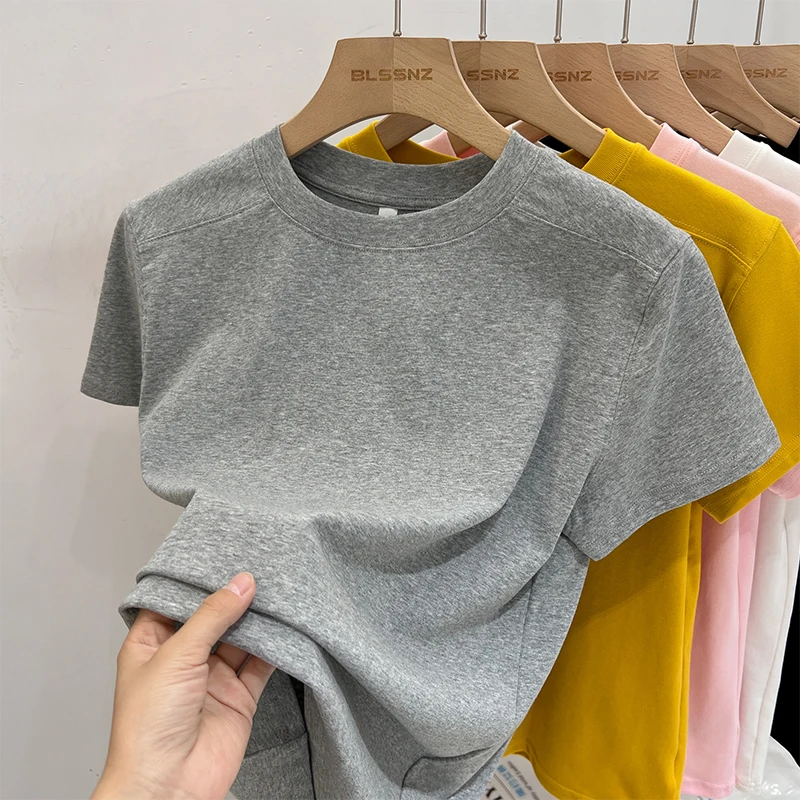AOSSVIAO 2025 الصلبة الأساسية قصيرة الأكمام المرأة التي شيرت عادية فضفاض س الرقبة قمة الموضة تي شيرت السيدات الكورية تي شيرت الشارع الشهير