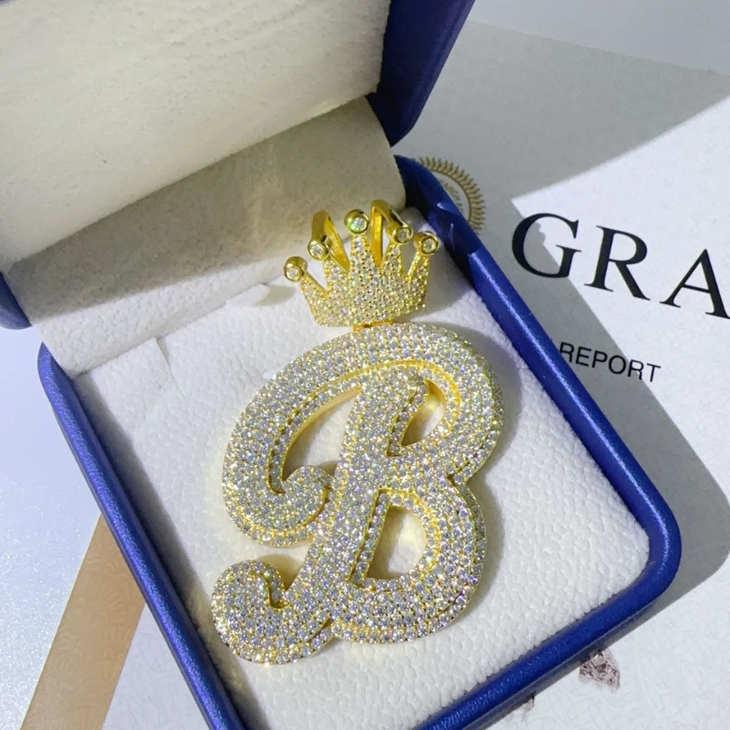 Hiphop Rock Iced Moissantie BP Letter Crown Pendant Pass Diamond Tester 925 Sterling Silver Plated 18k Gold Custom Jewelry custom moissanite pendant pass diamond tester hiphop bling men jewelry glow in the dark 925 shining gold crown bell rapper chain