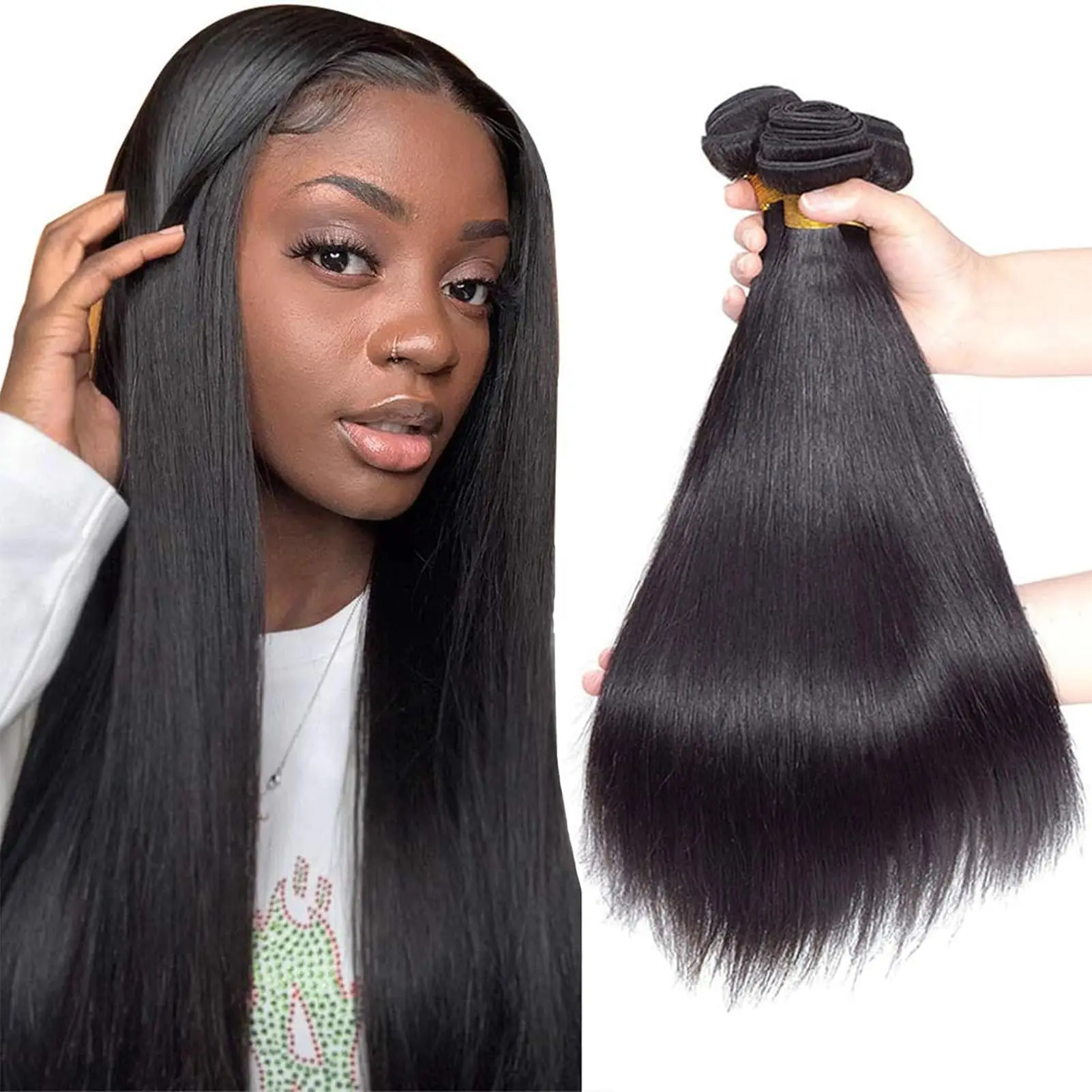 Straight Bundles Human Hair Extensions Silky Straight Brazilian Human Hair Weave Natural Color #1B One Bundle 100g/pc For Women