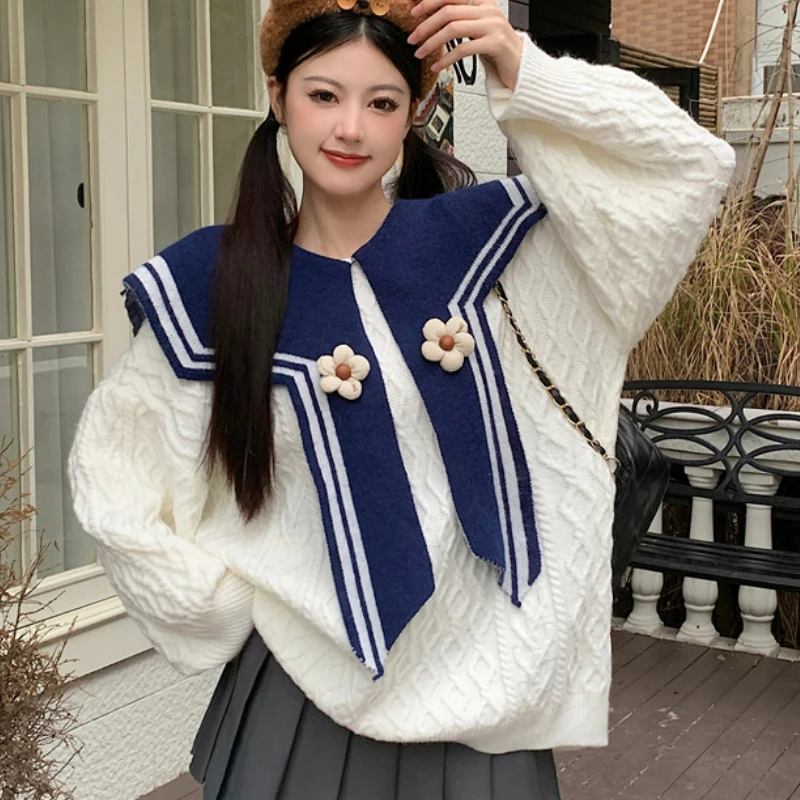 

2024 Winter French Knitted Top Women Kawaii Sailor Collar Flower Long Sleeve Pullover Outwear Office Lady Elegant Korean Sweater