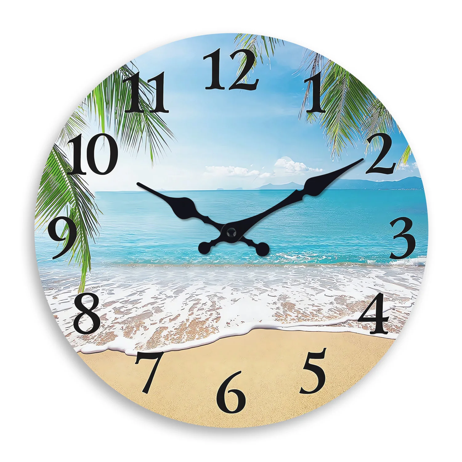 Horloge murale en bois à motif de plage de luxe léger salon chambre cuisine décoration de la maison horloge murale horloge à quartz silencieuse cadeau de vacances 10 pouces 12 pouces 14 pouces 16 pouces (sans piles)