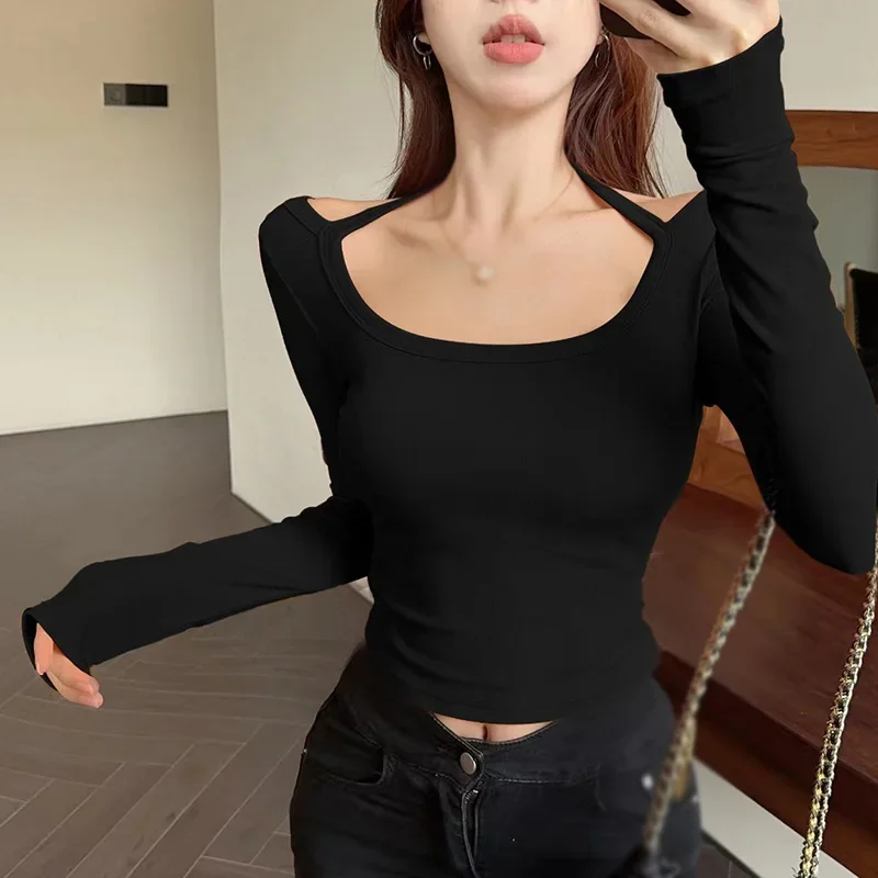 

Женская облегающая футболка с длинным рукавом Y2K, Однотонная футболка в Корейском стиле для весны и осени