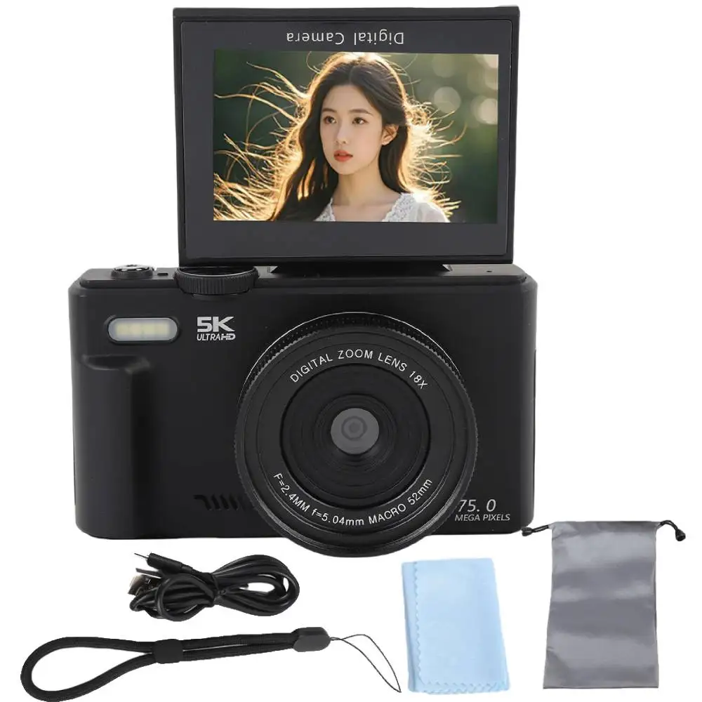 מצלמה דיגיטלית 75 מגה פיקסל לצילום 5K 18X זום דיגיטלי וינטאג' Vlog מקליט וידאו עבור YouTube 180 °   מסך מתהפך Selfile WiFi