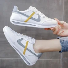  Sneakers Fashion Ladies Sneakers Lace Up Casual Shoes Leather Breathable Comfort Flat Sneakers Round Toe Small White Shoes Women 
