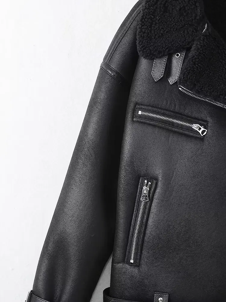 Withered British Plush Winter Warm Jacket Women Vintage Leather Jacket Zippers Coat Tops