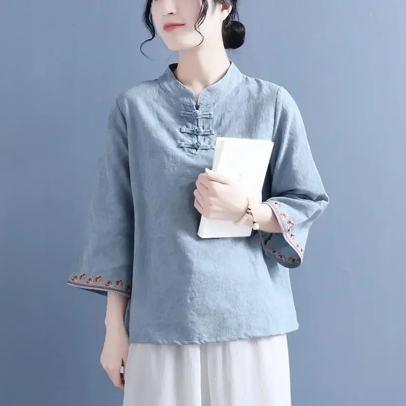 Cheongsam Women's Plus Size Tops Summer Cotton Blend Splicing Embroidery Stand Collar Chinese Style Qipao Shirts Woman