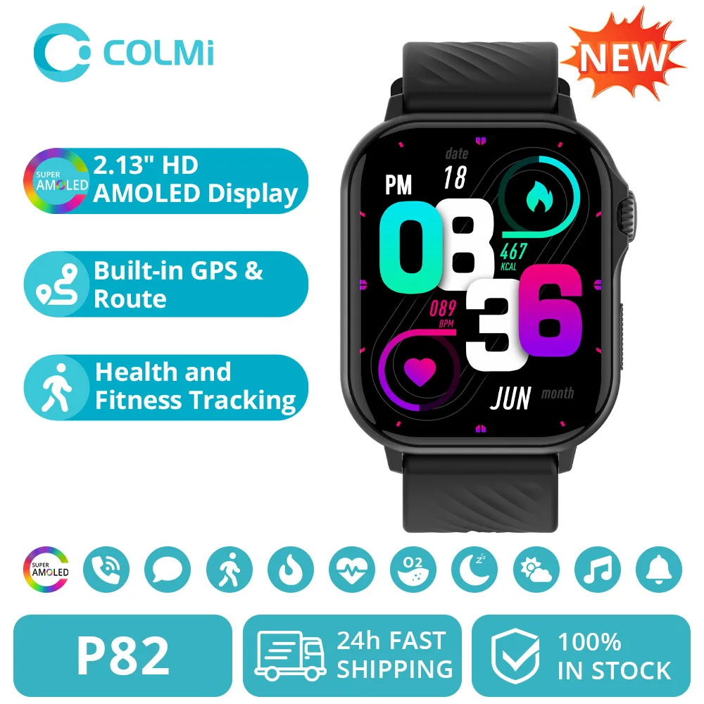 2025 COLMI P82 GPS Smart Watch 2.13" AMOLED HD Display Built-in GPS Make/Receive Phone Calls Smartwatch For Men Women
