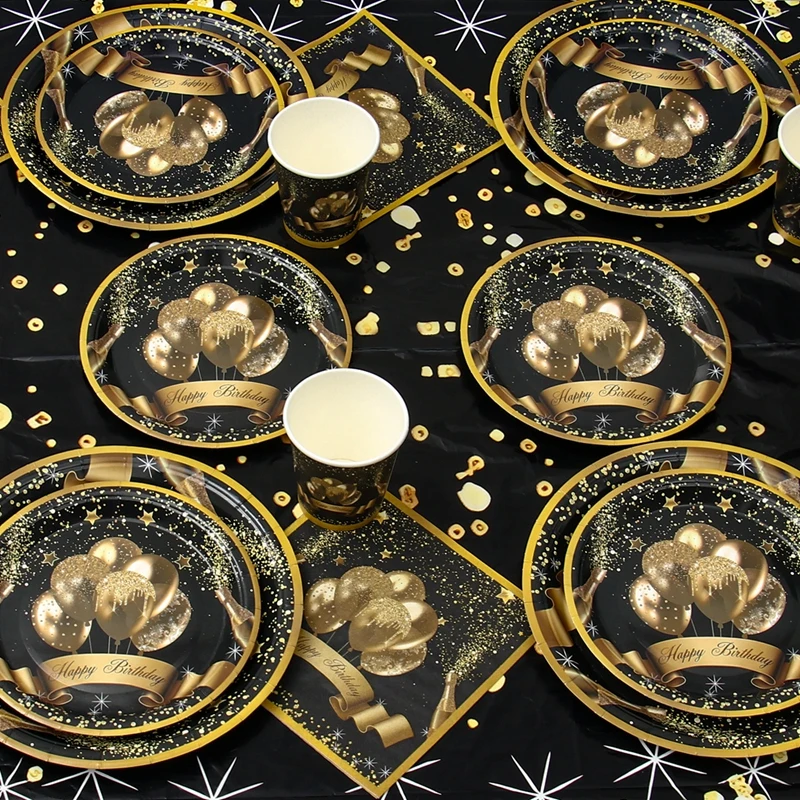 Description Picture 6 of itemBlack gold Party Disposable Tableware Set Paper Cups Plates Straws Cake Stand Table Decoration Adult Birthday Party Supplies