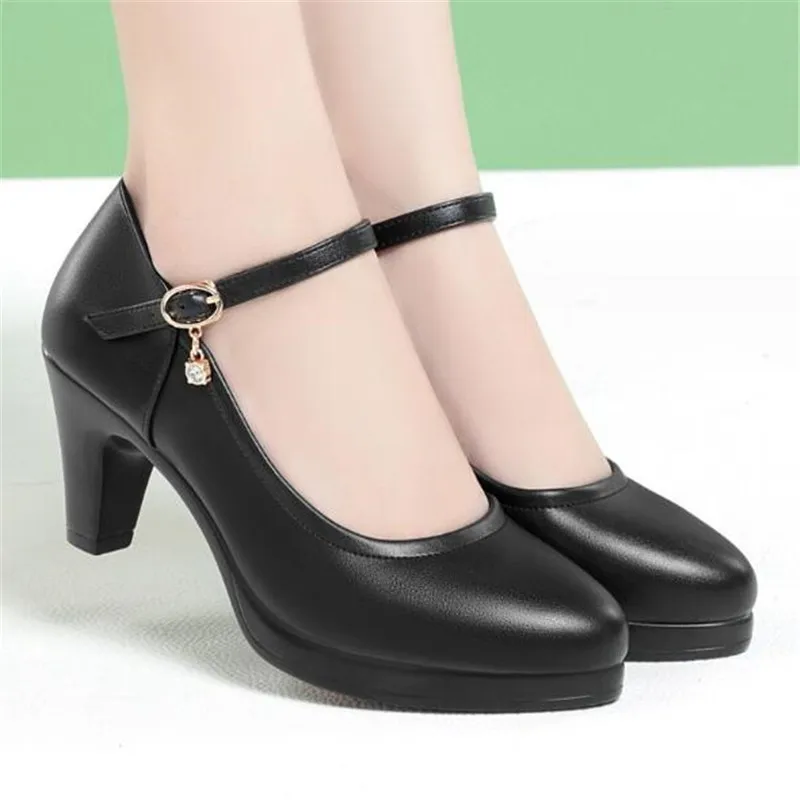 Genuine Leather Shoes Women Round Toe Platform Pumps Sapato Feminino High Heels Fashion Ladies Black Work Shoes Plus Size 34-42
