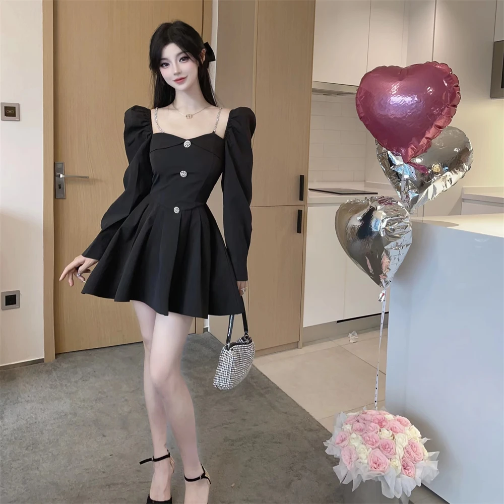 Korean Style Solid Mini Dress Women Long Sleeve Square Collar Spring Fashion High Waist Female Birthday Party Vestidos Mujer