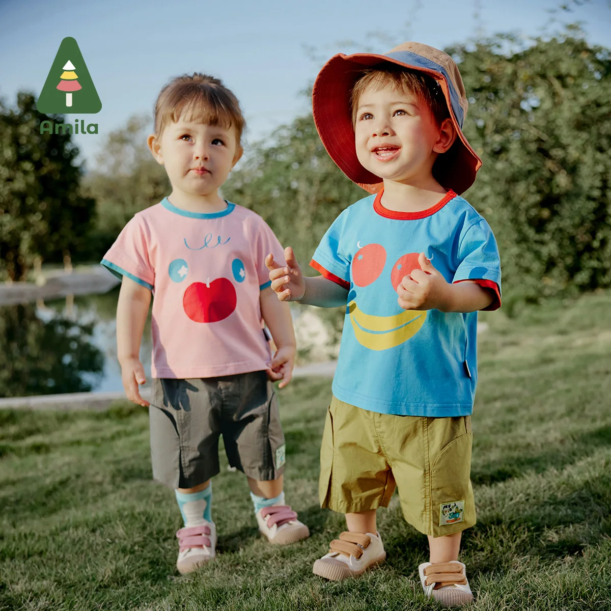 Amila Baby T-shirt Summer New Fun Fruit Emoticon Print Soft Wicks Sweat Short Sleeve Boys and Girls Clothing