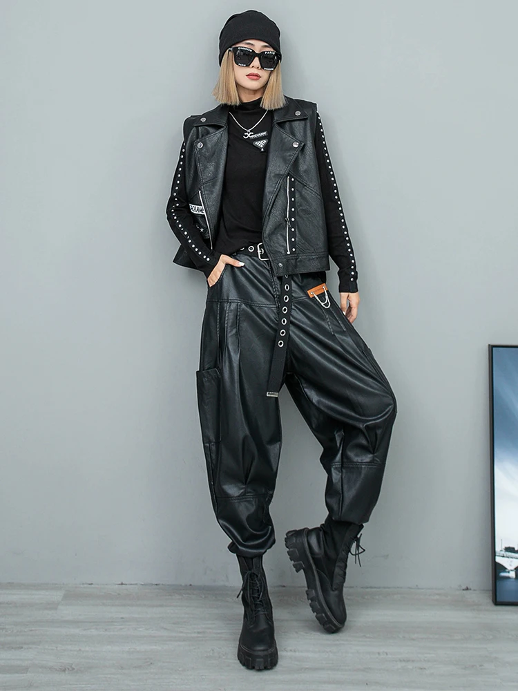 

Personalized Washed Pu Leather Sleeveless Zipper Vest Button Harem Pants Two-piece Set New Loose Fashion Streetwear Loose Suit