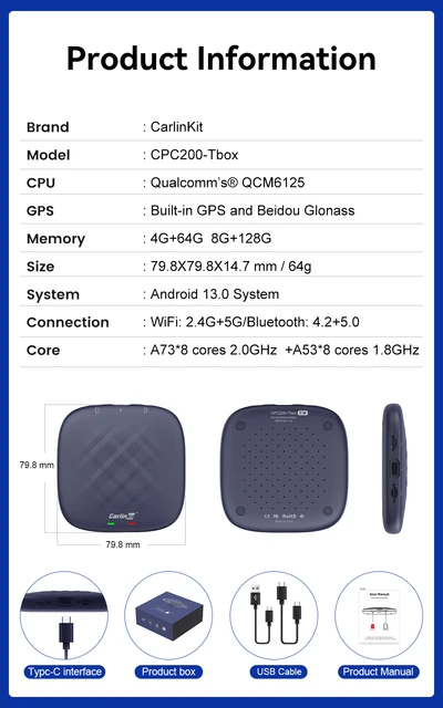 CarlinKit 8+128G CarPlay Ai Box Plus Android 13 Wireless Android