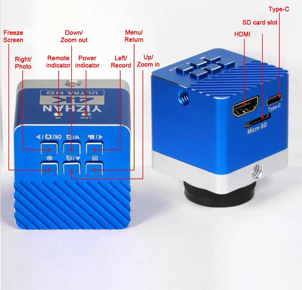 YIZHAN 180X 렌즈 디지털 현미경(납땜용) 13MP/48MP/60MP HD 카메라 링 라이트 조절 가능 금속 중간 베이스 현미경