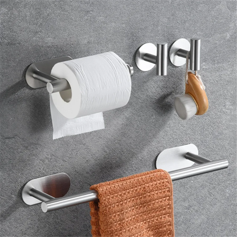 Silver Bathroom Hardware Set Self-sticking, 304 Stainless Steel Brushed Towel Bar Paper Holder Accessories Set without Nails