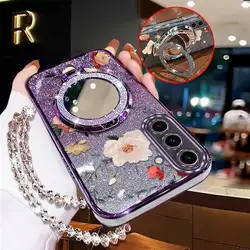 Elegant Floral Phone Accessory Set with Lanyard and Stand - Galaxy A21s (PURPLE)