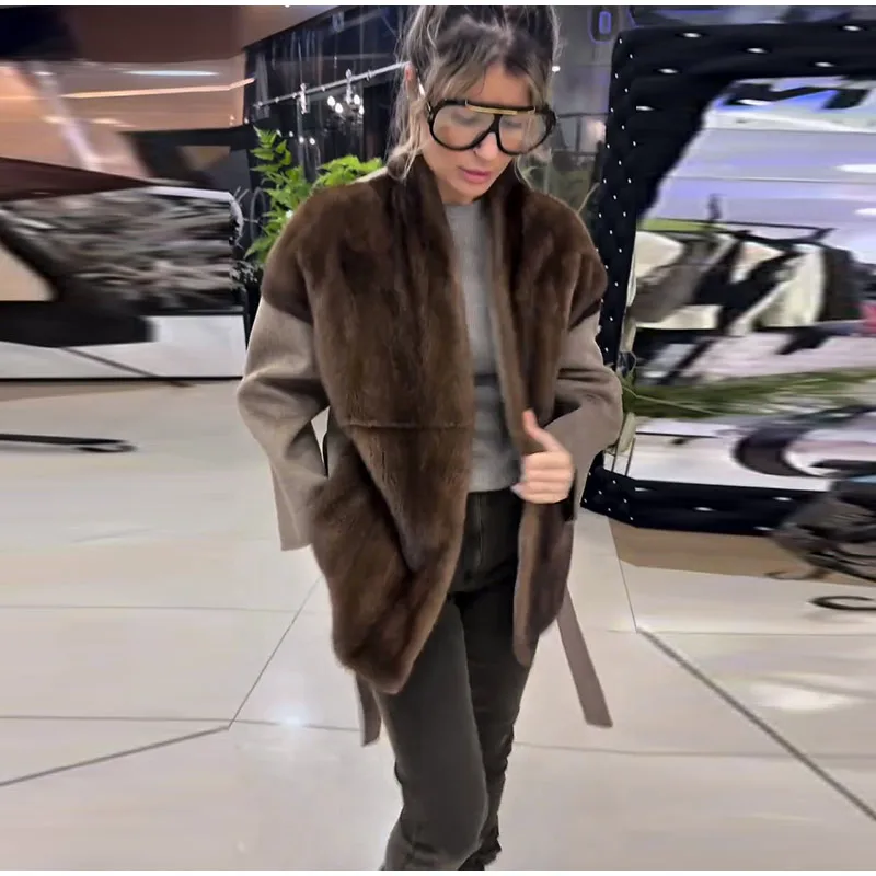 Faux Fur Patchwork Jacket – Women's Woolen Winter Coat With Belted Stand Collar