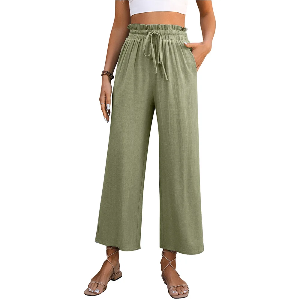 Casual Solid Color Loose Cotton Hemp High Waist Wide Leg Trousers Woman