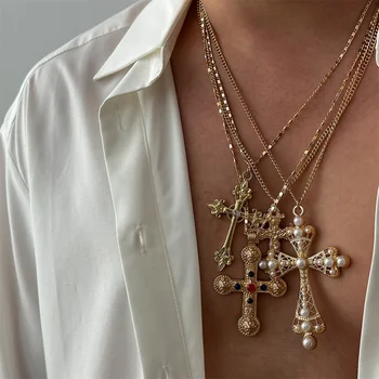 4Pcs/Set Zircon Cross Pendant Necklace Set for Women Vintage Adjustable Gold Color Long Chain Statement Y2K Jewelry