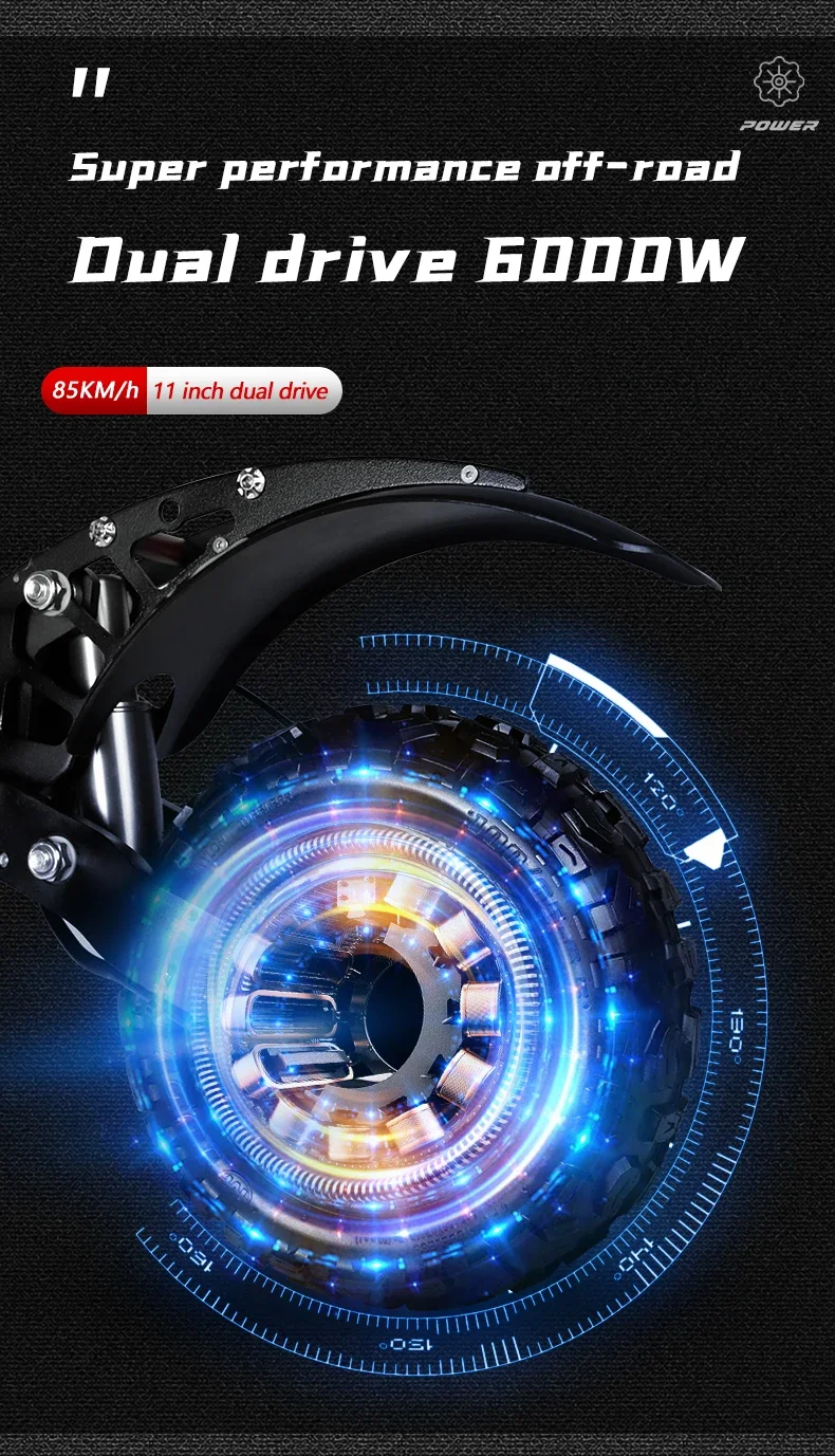 11-inch Explosion-Proof Tire Urban Off-road Electric Skateboard 60V33AH Battery 6000W Motor Dual Electric Scooter Load 400KG
