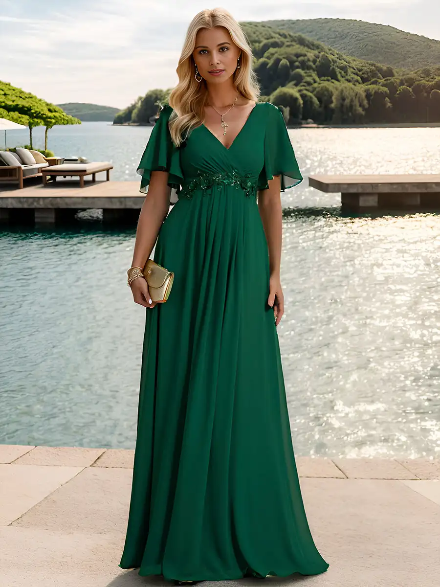 Elegant Evening Dress V Neck Appliques Pleated Floor-Length 2024 Ever Pretty of Lace applique Dark Green Bridesmaid Dress