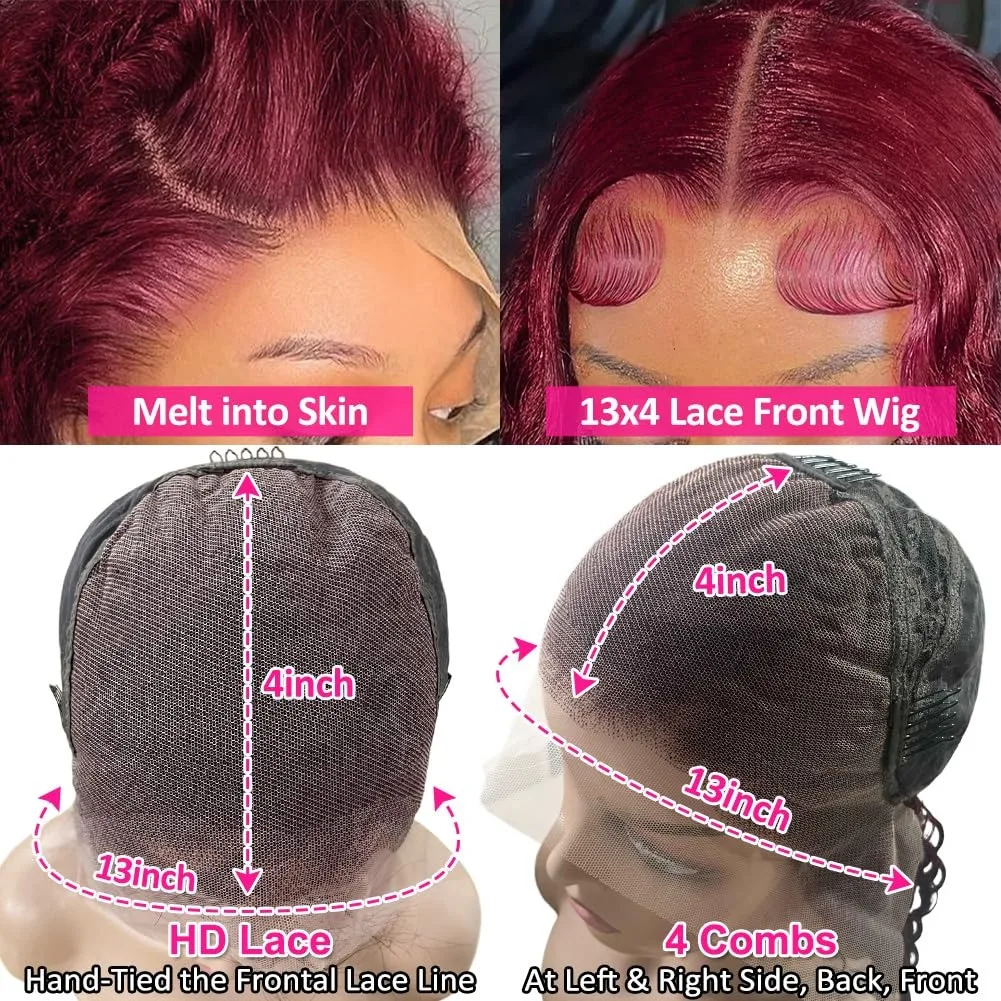 30 Inch13x4 99J Burgundy HD Lace Frontal Human Hair Wig Pre-Plucked Transparent Lace Red Curly Deep Wave Frontal Wig For Women 5