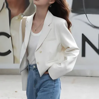 Fashion Design Cropped Suit Jacket Women 2025 Autumn Long Sleeve Korean Blazers Woman Solid Color Single-Breasted Office Coat - Image 2