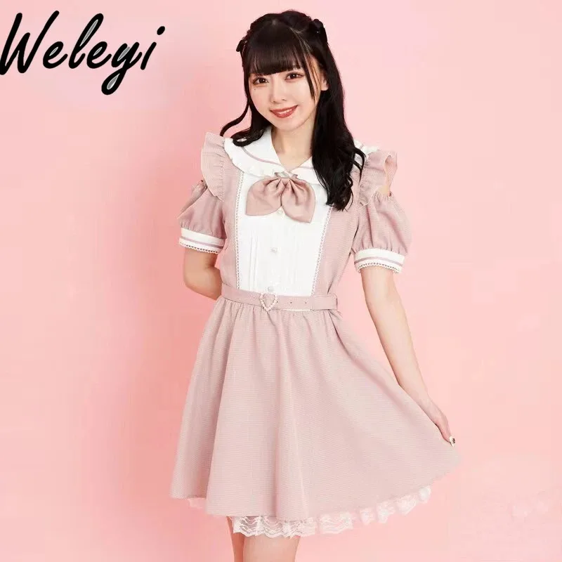 

Kawaii Lolita Dress 2024Summer New Sweet Bowknot Mine Series Mass Production Love Belt Short Sleeve Off Shoulder Fashion Dresses