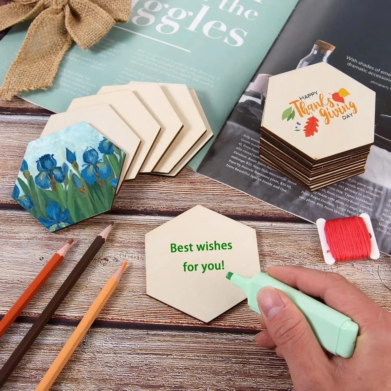 50/100개 육각형 나무 블랭크 미완성 목재 DIY 공예품 페인팅 스테인링 코스터 휴일 축제 벽면 홈 데코