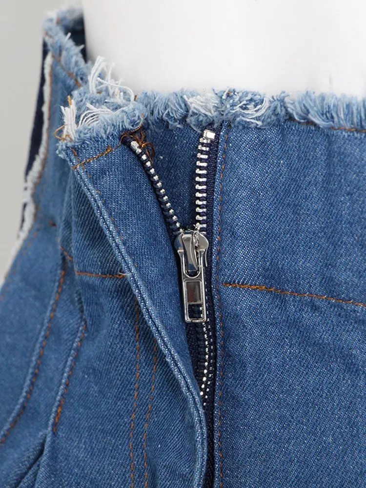 KBQ Spliced Pocket Colorblock Loose Denim Shorts For Women High Waist Tunic Casual Wide Leg Short Pants Female Fashion Style New