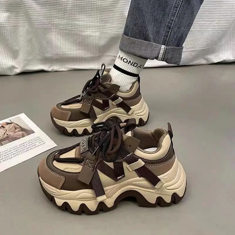 Black Brown Chunky Sneakers Women Spring Autumn Thick Bottom Dad Shoes Woman Fashion PU Leather Platform Sneakers Ladies D268 3