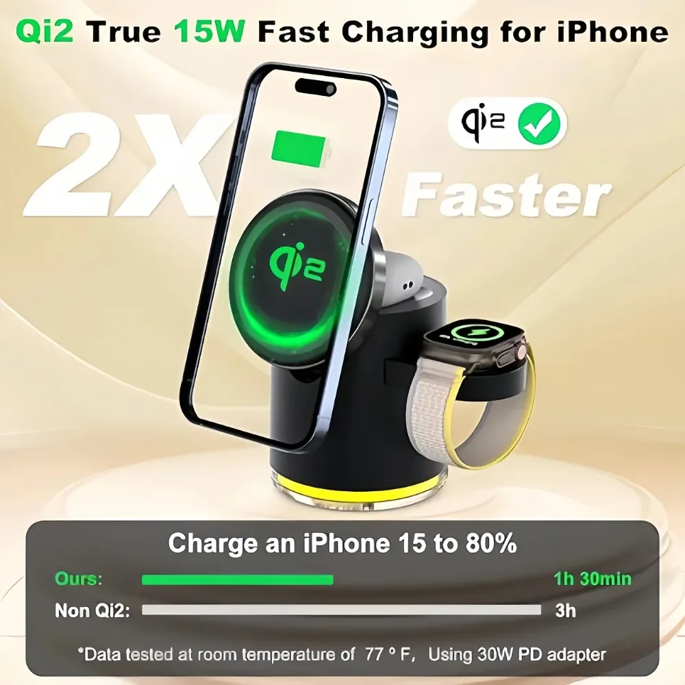 4 in 1 Foldable Fast Charging Station Qi2 15W Magnetic Wireless Charger for Magsafe iPhone16/15/14/13/12 Apple Watch AirPods Pro