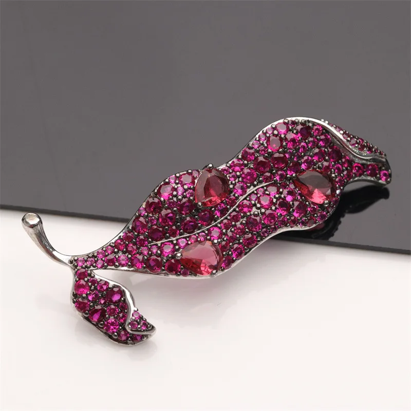 Big Leaf Brooch 64x32MM Multi Color Cubic Zirconia Micro Pave Leaf Silver Color Plated Shape Brooch For Women