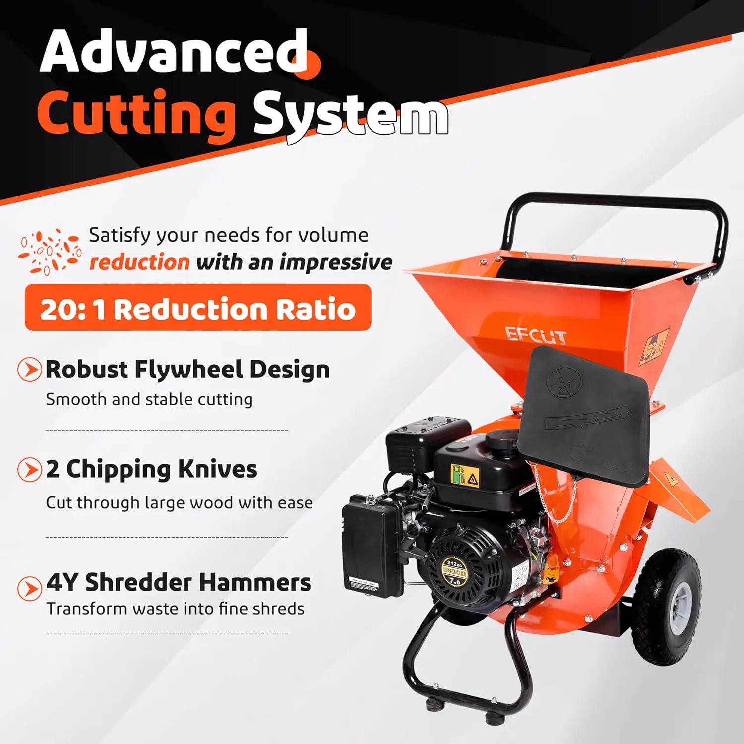 Wood Chipper Shredder Mulcher Heavy Duty 7HP Gas Powered 3 in 1 Multi-Function 3