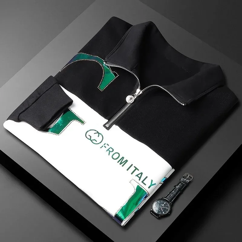 

High end luxury brand trend color blocking stand collar zipper Pullover men's spring and autumn printed sweater casual men wear