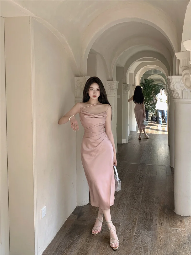 Sexy Satin Midi Dress Women New Summer Spaghetti Strap Slim Swinging Collar Split Evening Party Dresses Prom One Piece Vestido