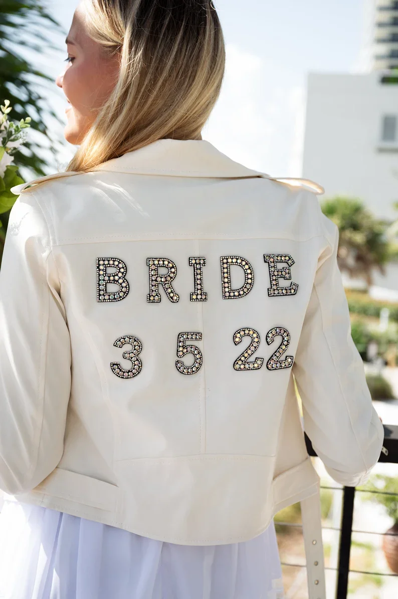 Custom Bridal Faux Leather Jacket Wedding Personalized Women Wedding Gift  Jacket-Rhinestone Letters Bridesmaid Bridal Party Coat