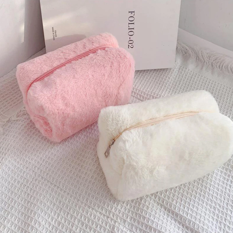 1 Pc Solid Color Fur Makeup Bag for Women Soft Travel Cosmetic Bag Organizer Case Young Lady Make Up Case Necessaries 3