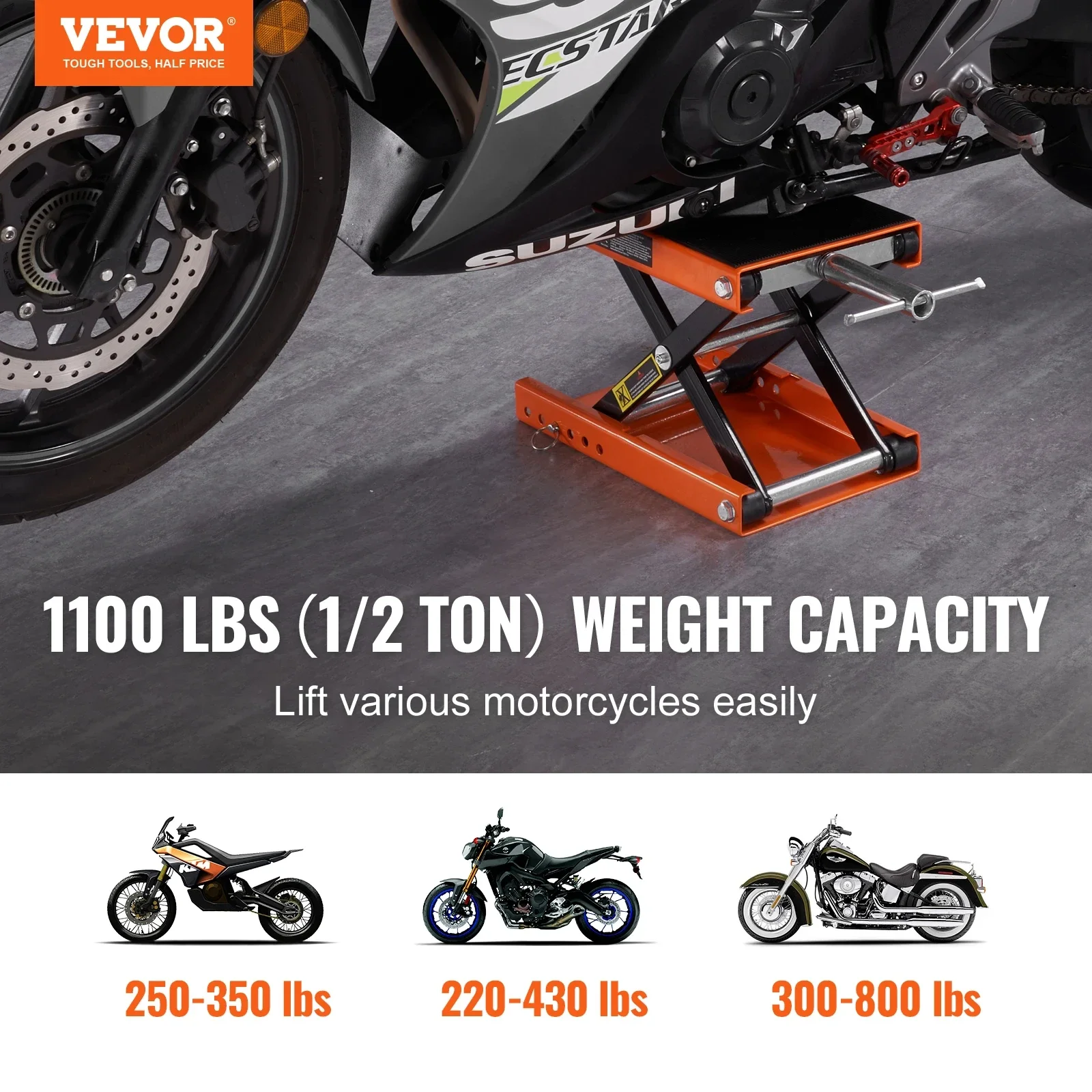 Motorcycle Lift VEVOR Motorcycle Lift 1100 LBS Capacity Motorcycle Scissor Lift Jack with Wide Deck & Safety Pin for Bikes Motorcycles