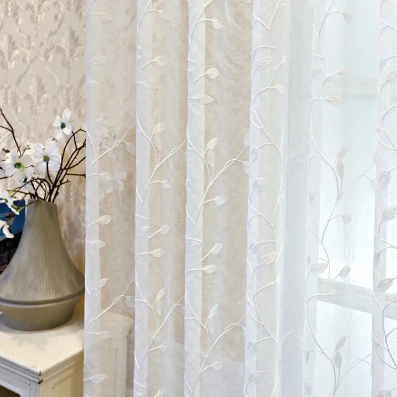 LISM-cortinas de tul blancas bordadas con hojas modernas para sala de estar, dormitorio, cocina, tratamiento de ventana de gasa transparente, cortinas personalizadas
